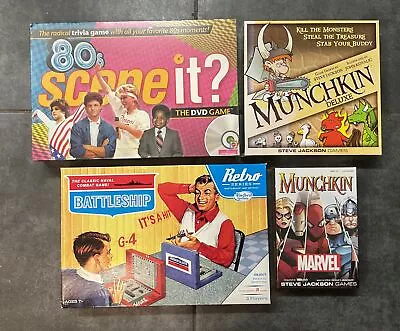 Lot 4X Board Games- 80's Scene It? Battleship Munchkin Deluxe/ Munchkin Marvel • $54.82