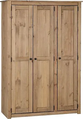 Panama 3 Door Triple Wardrobe Waxed Pine Finish Shelves Bedroom Furniture • £269.99