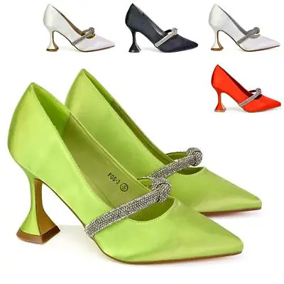 £34.99 • Buy Womens Slip On Bridal Shoes Ladies Satin Diamante Low Mid Heel Pointed Pumps 3-8