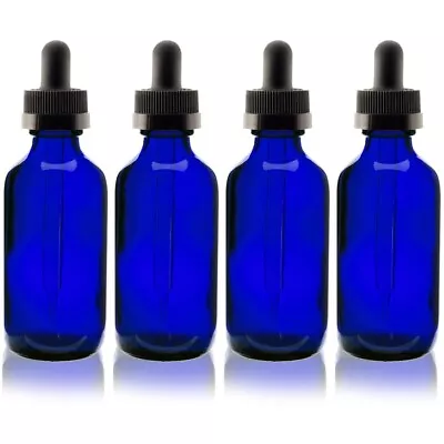 4 -- 2oz Blue Glass Bottles With Glass Eye Dropper Dispenser For Essential Oils • $7.39