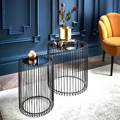 £55 • Buy Set Of 2 Round Cage Table With Mirror Top Coffee Table Side Table Living Room 