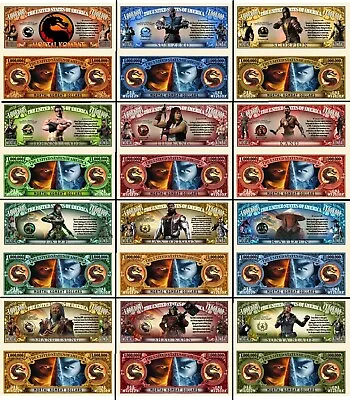 Set Of ALL 12 Mortal Kombat Million Dollar Bill Funny Money Notes + Free Sleeves • $8.95