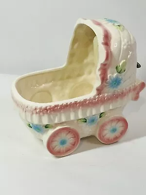 Planter Baby Stroller Carriage Pink Japan Ceramic Music Box Lullaby VTG 6” • $12.50