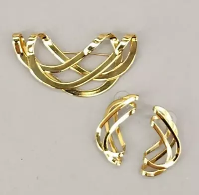 Ribbon Wrapped Brooch Pierced Earrings Set Vtg Gold Tone Modernist 3  • $23.80