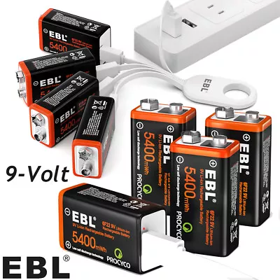 EBL USB 9V 9-Volt 6F22 Lithium Ion Battery Rechargeable Batteries / Cable Lot • $23.99