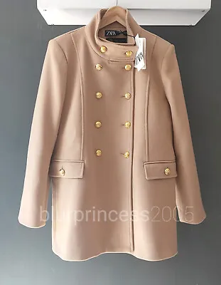 ZARA XL Coat Wool Manteco Blend Double Breasted High Neck With Gold Button Camel • $152.95