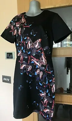 WAREHOUSE Black Butterfly Print Satin Shift Dress Size 12 Party RRP £75 Gorgeous • £8.99