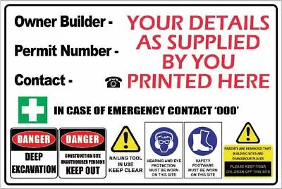 Owner Builder Corflute Safety Sign Construction Site  5mm Thick Corflute Panel - • $20.85