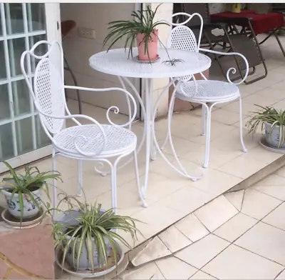 INDOOR OUTDOOR TABLE & CHAIR PATIO SET White Metal Garden Balcony Cafe 3 Pcs • $239.20