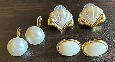 Vintage Earrings Lot 3 Pair Trifari White Enamel & Pearl Womens Jewelry • $9.99