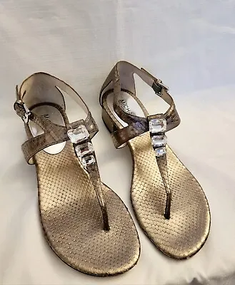 Michael Kors Sondra Thong Sandals Nickle Saffiano Leather Snake Embossed Sz 7.5 • $14.99