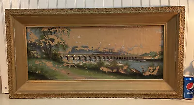 Vtg Victorian 1900’s Reverse Hand Painting Rockville Bridge Harrisburg PA Framed • $134.99