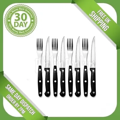 Set Of 8 Steak Knives And Fork Black Handle Sharp Serrated Edge Knife Cutlery • £5.95
