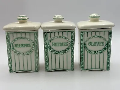 Vintage Set 3 Spice Jars Box Allspice Cloves Nutmeg Czech Czechoslovakia  Green • $24