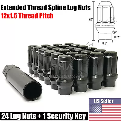 24Pc 12x1.5 Black Extended Thread Spline Lug Nuts ET Tapered Conical Seat + Key • $27.95