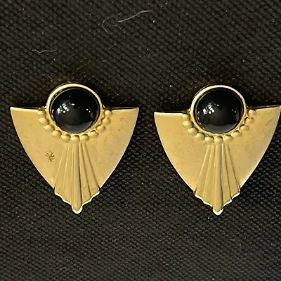 Vintage Gold Tone Art Deco Earrings Clip On Black Glass Cabochon Textured 1960s • $9.99