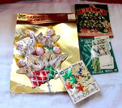 $38.99 • Buy Vintage Lot Sealed Christmas Tie On Stickers Santa Angels Foil Spun Snowmen Bell