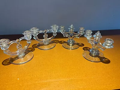 VINTAGE ORIGINAL CAMBRIDGE 2 CANDLE CANDELABRA CLEAR AND ETCHED GLASS Set Of 2 • $65