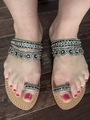 Mystique Marrakesh Silver Black Cz Sparkle Sandals 7 • $76