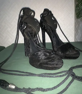 £4.99 • Buy High Heeled Shoes With Tie Leg Black Velvet Sandals Size UK 5 38