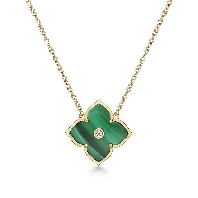Malachite Cubic Zirconia Flower Pendant Necklace Yellow Sterling Silver 18  • $39.99