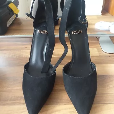 Ladies FAITH Black Suede Stilettos With Ankle Straps Size 8 • £5