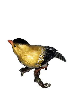 TCCA Bejeweled Canary  Goldfinch Hinged Metal Enameled Rhinestone Trinket Box #5 • $26.09