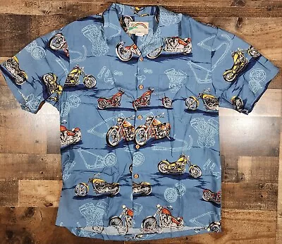 Vintage Paradise Found Hawaiian Shirt Medium Blue Motorcycles Aloha Camp Biker • $25.88