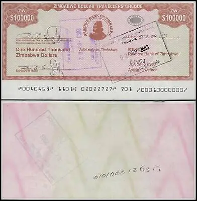 Zimbabwe 100000 Dollars Travellers Cheque 2003 ND P-20 Used • $10.29