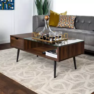 Mid Century Modern Wood And Glass Coffee Table - Dark Walnut • $190.72