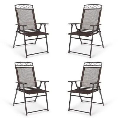 Set Of 4 Patio Folding Dining Chairs Camping Deck Armrests Stools W/ Steel Frame • $127.98