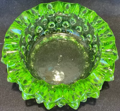 Green Vaseline Glass Hobnail Pattern Ashtray Candle Holder Uranium Smoking Round • $9.99