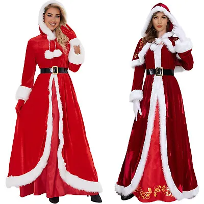 Women Christmas Mrs Santa Claus Costume Dress Hooded Cloak Cape Belt Cosplay Set • $40.47
