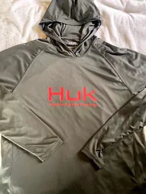 New HUK FISHING Mens L/S PURSUIT Sun Shield HOODED Vented HOODIE JERSEY SHIRT LG • $35