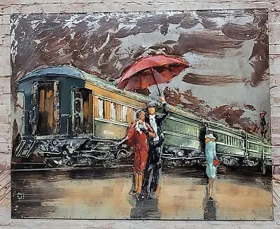 Museum Quality Fine Art Artwork Couple On Train Station Holding Umbrellas Art NR • $191.40