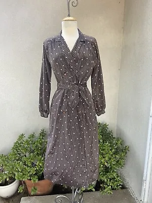 Vintage 1970s Lanvin Logo Print Shirt Dress Brown Beige Sz 10 • $198