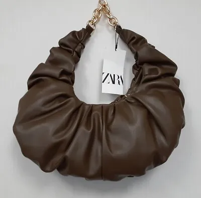NEW! ZARA Handbag Woman Bag Faux Leather Brown Gold-tone Chain Of/22 • $22.99