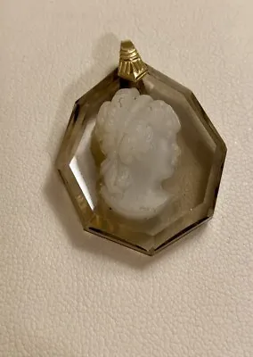Vintage Sterling Silver Clear Faceted Smokey Quartz Oval Cameo Pendant • $12