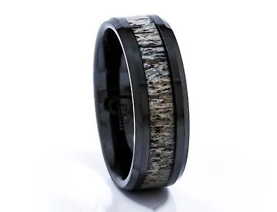 Black Ceramic Antler Ring Beveled Edge 8mm Comfort Fit Wedding Band • $39