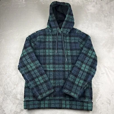 Vineyard Vines Plaid Fleece Pile Hoodie Sweatshirt Green Blue Pockets Mens Small • $19.99