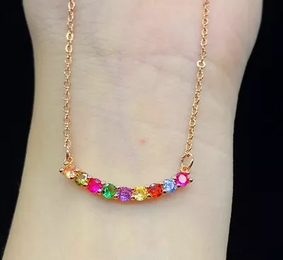 £3.29 • Buy Rose Gold Rainbow Crystal Smile Pendant 925 Silver Necklace Women Jewellery Gift