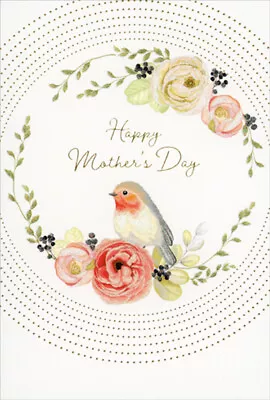 Pictura Bird And Flowers Inside Repeated Gold Dotted Circles Mother's Day Card • $3.75