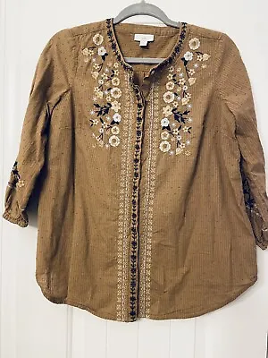 J Jill Stunning Embroidered Blouse Brown Sz XS Great Condition Cotton Floral • $14