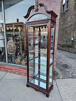 Mahogany Curio Display Cabinet Mirror Back & Custom Glass Work Lighted • $499.99