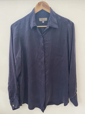£18.99 • Buy The Linen Press M Fit 14/16 Navy 100% Silk Blouse Top Button Up