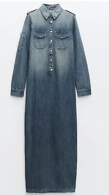 Zara Cotton Denim TRF Maxi Long Sleeve Shirt Dress Size S BNWT • £29
