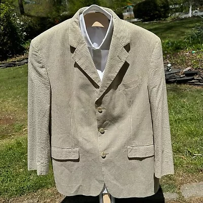 Brooks Brothers Sport Coat Men 43 Beige Seersucker Blazer Jacket Stripe USA Made • $36