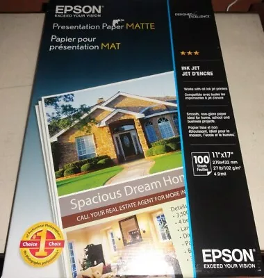 Epson Presentation Paper Matte 11  X 17  100 Sheets EPSS041070 Brand New • $24.95