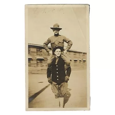 Vintage Snapshot Photo Men In Uniform Sitting On Shoulders WWI Era • $12