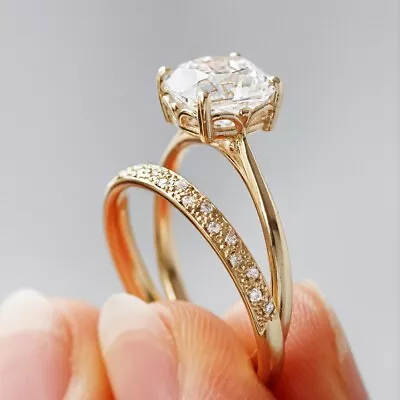 3ct Cushion Cut Moissanite Bridal Matching Band Ring Sets 14k Yellow Gold Plated • $143.38